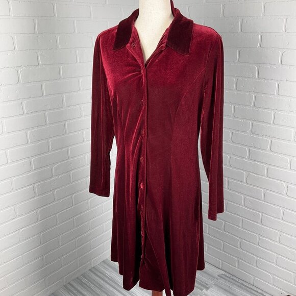 Talbots Dress Women 10‎ Red Velour Shimmer Shirt Y2K Fit Flare Stretch USA VTG - Picture 1 of 12